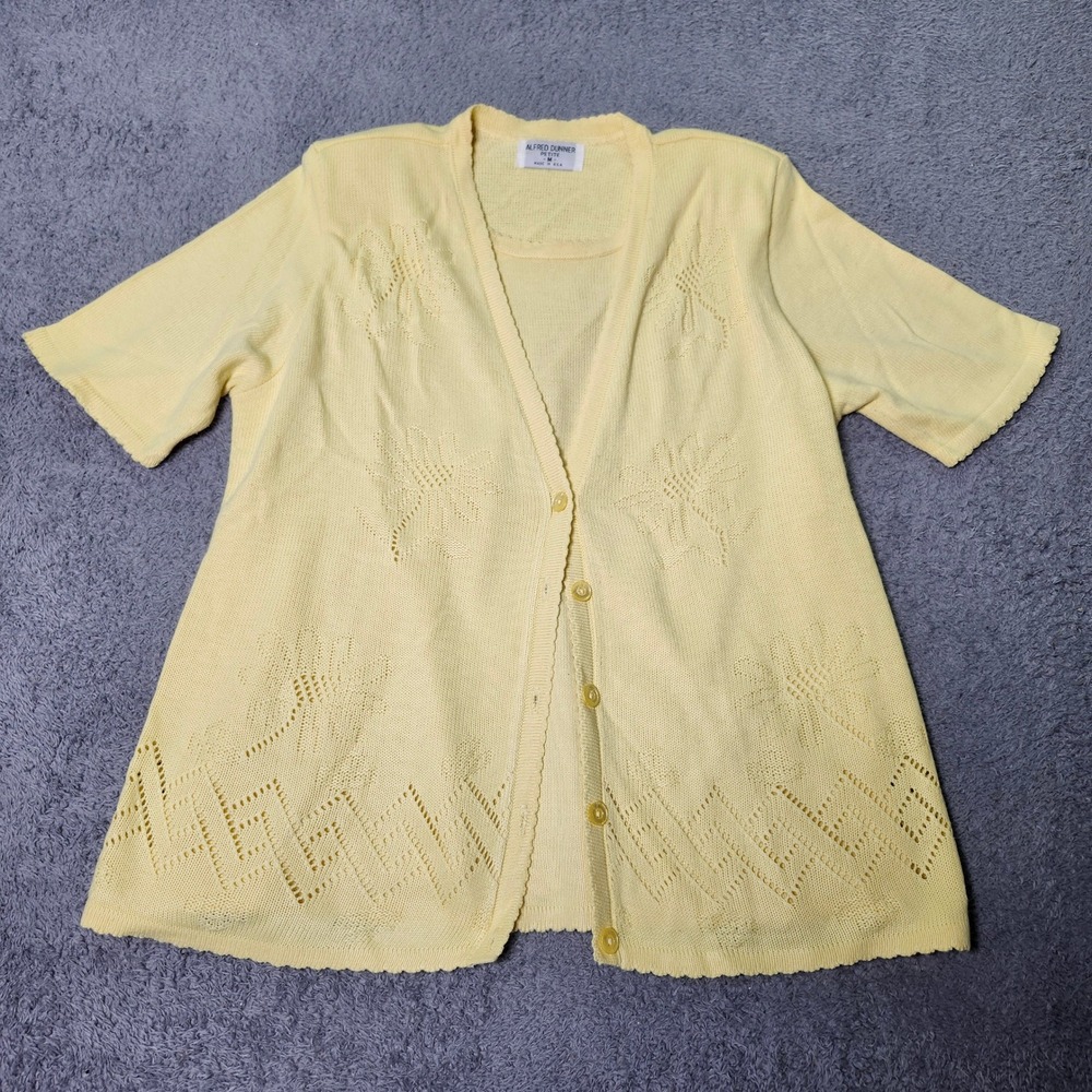 Alfred Dunner Womens PM Cardigan Set Yellow Pointelle Knit Short Sleeve Vintage